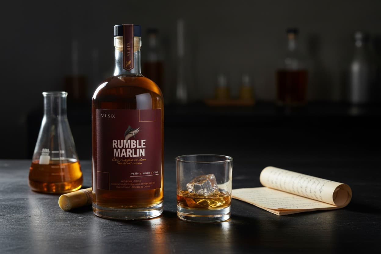 Conceptual still life of a Rumble Marlin bottle with laboratory glassware and development notes